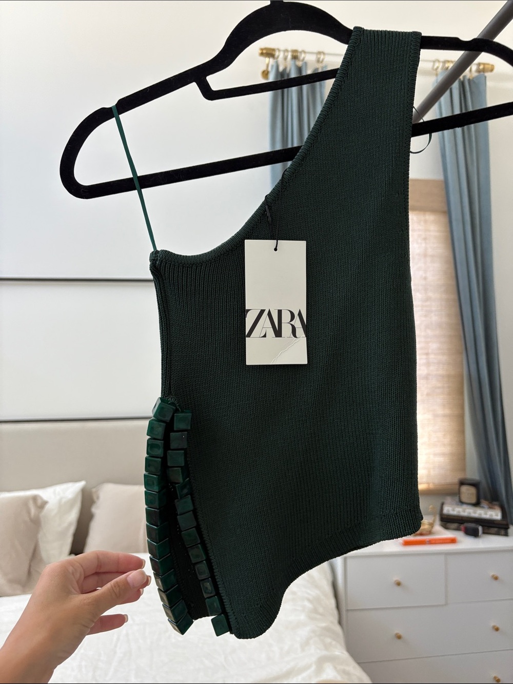 ZARA Forest Green One-Shoulder Knit Top with Beaded Fringe